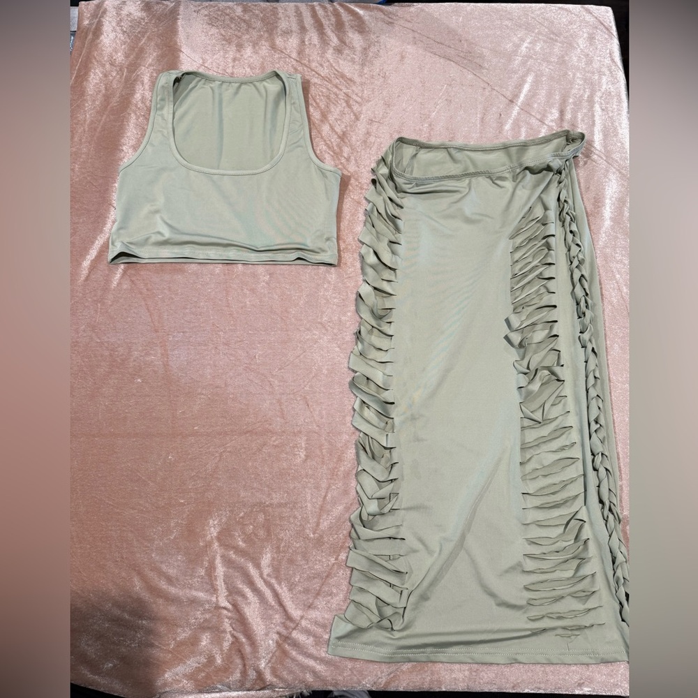 Sage Green 2-Piece Set – Braided Side & Front  Cut-Out/ braided skirt